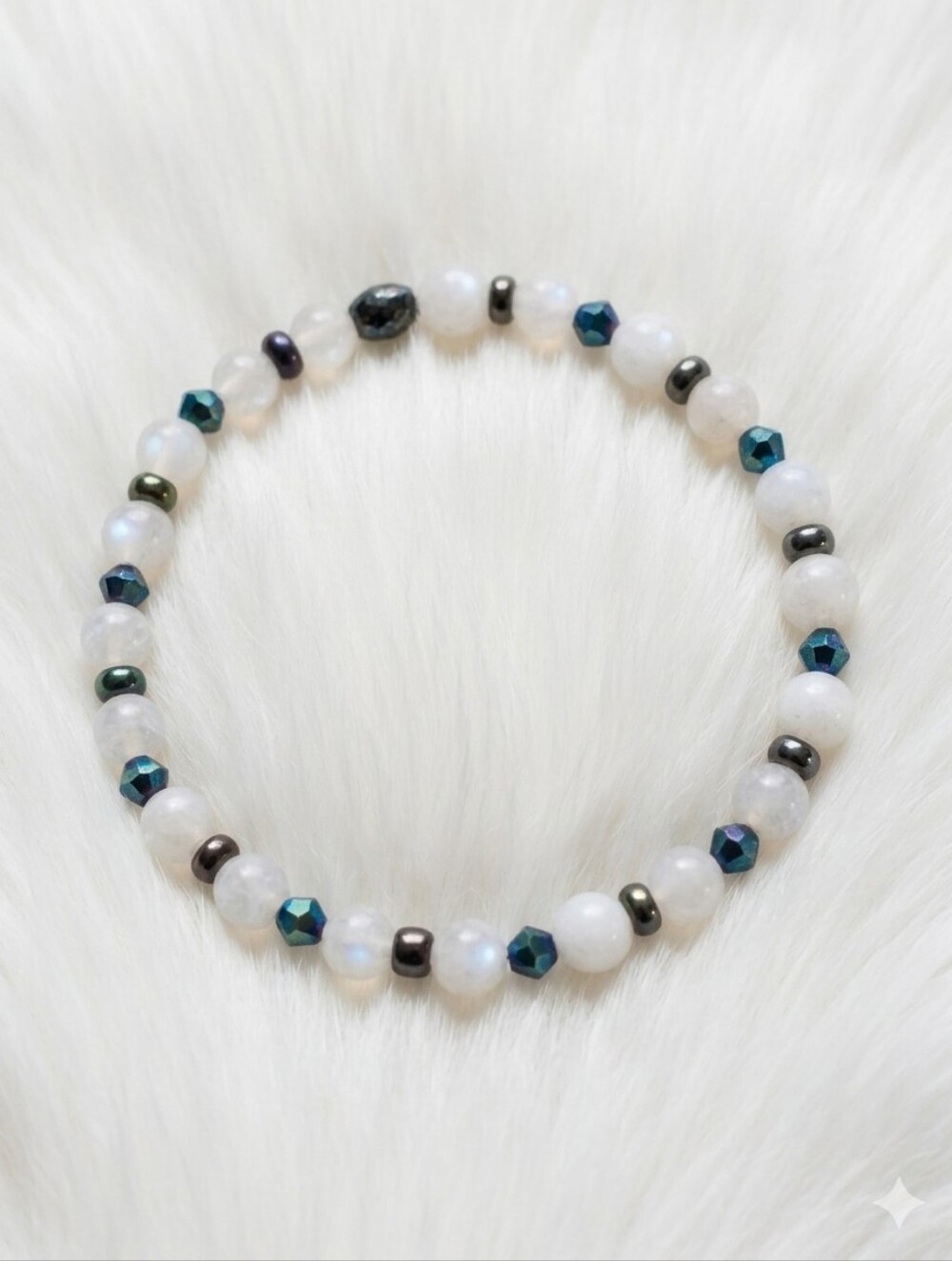 Moonstone Bead Stretch Bracelet with Teal Accent Beads - Women Jewelry